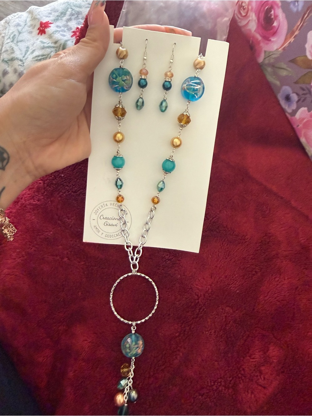Handcrafted Teal and Gold Beaded Necklace & Earring Set